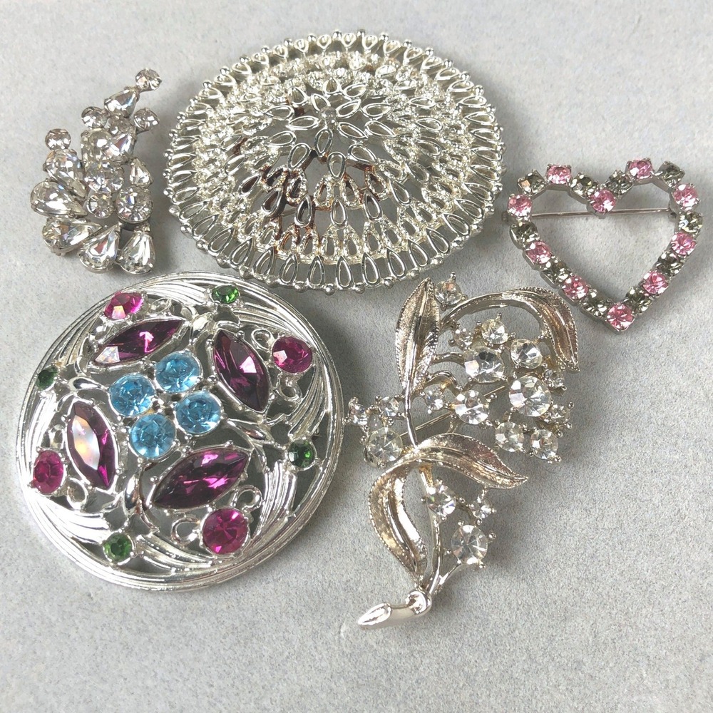 Vintage‎ Brooch Lot 5pc Silver Tone Rhinestone Floral Heart Geometric Pins